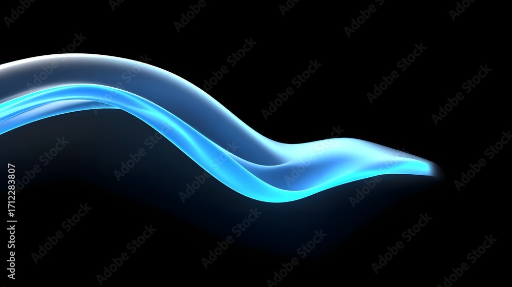 Poster striking digital illust n of a fluid, luminous wave-like form flowing across a dark background, crea