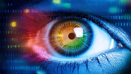 close up of digital eye with binary code and colorful light spectrum