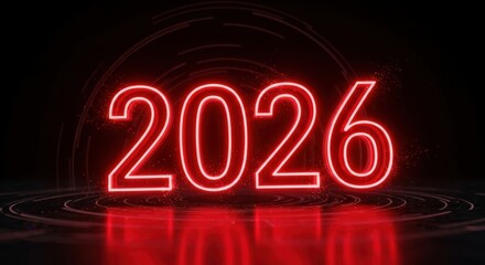 Futuristic Red Neon Year 2026 Sign in Dark Background with Light Effects