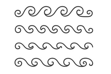 Set of simple wave line icons. Collection of horizontal dividers and borders. Decorative swirl ornament. Abstract water, sea, ocean symbol. Vector graphic element for design.