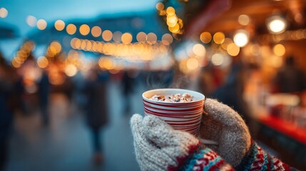 An outdoor winter market scene with person holding hot chocolate cup, blurred lights behind