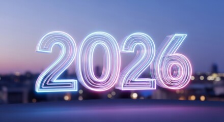 Neon Light Numbers 2026 Bright Glowing Over City Skyline at Twilight