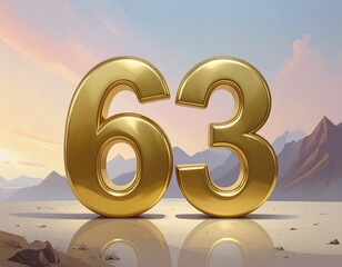 Golden numbers 63 on desert landscape