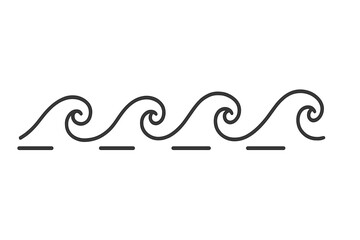 Set of simple wave icons. Water, sea, ocean line sign. Vector illustration. Nature, surf, tide, flow, aqua symbol. Swirl, curly, doodle seamless border pattern. Marine element.