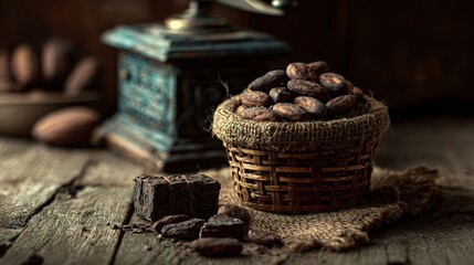 A rustic basket with cocoa beans, chocolate chunks, and vintage grinder
