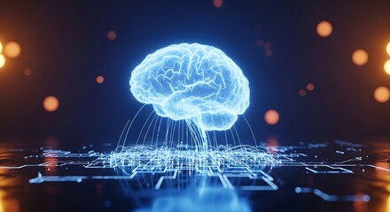 Abstract glowing blue brain hologram connected to digital circuits with bokeh lights in the background
