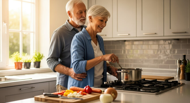 Senior couple cooking together in modern kitchen, showing closeness and care. Senior couple are preparing healthy meal and enjoying retirement life. Senior couple lifestyle reflects love, - Powered by Adobe
