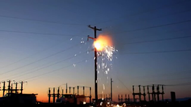 Dusk power line arc flash near substation