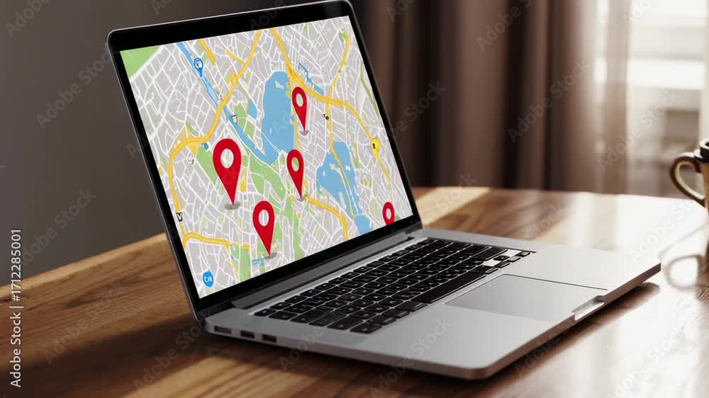 Poster laptop displaying online map navigation with location markers on a wooden table, providing a conveni