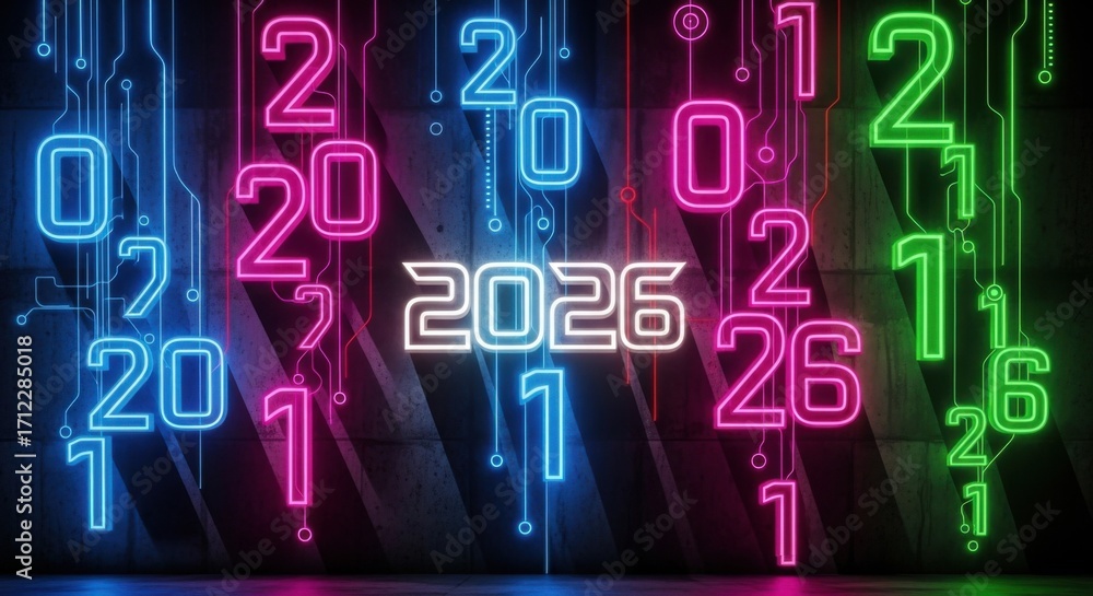 Poster neon digital numbers and year 2026 in bright colors with circuit line background