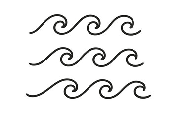Wave icon line art set. Doodle water, sea, ocean symbol collection. Minimalist surf swirl. Abstract flow, current. Vector illustration for logo, border, pattern design.