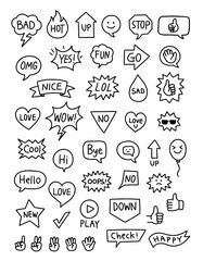 Hand drawn vector doodle speech bubbles with words and emoji icons