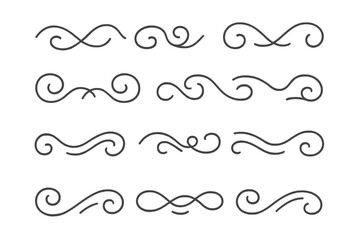 Collection of elegant calligraphic flourishes and vintage page dividers. Set of decorative scroll ornaments. Hand drawn linear swirls for decoration, borders, and text separators.