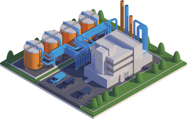 Obraz premium 3D Isometric Industrial Factory Illustration, Petrochemical Plant with Storage Tanks, Piping System, and Chimneys, Clean Energy Concept Design