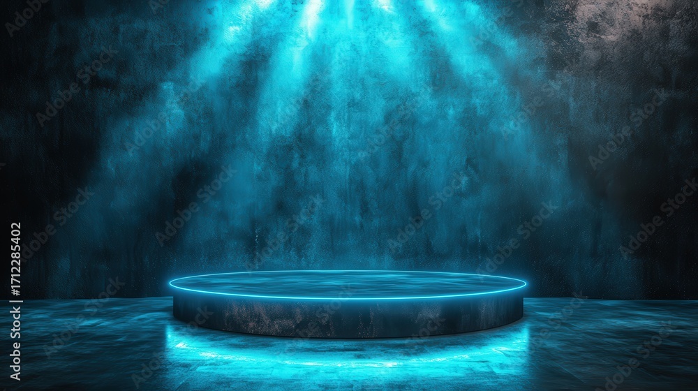 Poster a textured dark background with a glowing circular platform illuminated by blue light, creating a dr