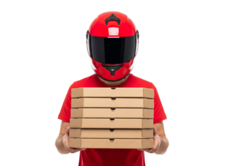 Joyful Food Delivery Driver Holds Stack of Delicious Pizza Boxes Isolated on Transparent Background