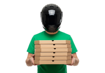 Delivery Man Wearing Helmet Holding Stack of Pizza Boxes Isolated on Transparent Background Food Service