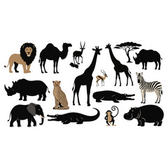 African wildlife animals silhouettes collection on white background.