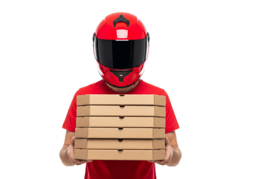 Joyful Food Delivery Driver Holds Stack of Delicious Pizza Boxes Isolated on Transparent Background