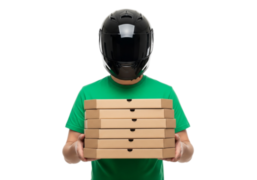Delivery Man Wearing Helmet Holding Stack of Pizza Boxes Isolated on Transparent Background Food Service