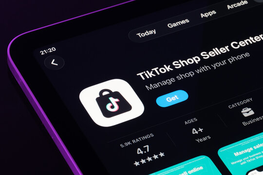 Closeup of TikTok Shop Seller Center in App Store on iPad using Apple Liquid Glass UI. Stafford, United Kingdom, September 18, 2025.