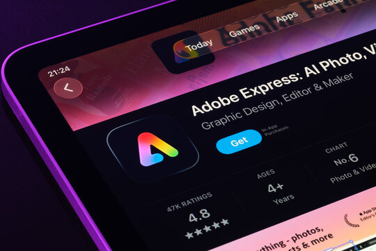 Closeup of Adobe Express in App Store on iPad using Apple Liquid Glass UI. Stafford, United Kingdom, September 18, 2025.