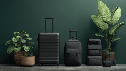 Travel gear, black suitcases and bags, minimalist style, dark teal wall, tropical plants
