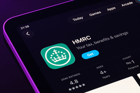 iOS 26 Apple Liquid Glass design on iPad highlights HMRC app page in App Store. Stafford, United Kingdom, September 18, 2025.