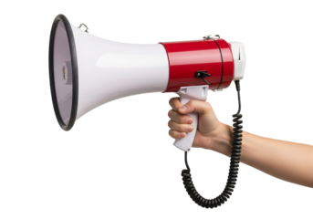Hand holding red and white megaphone for announcement and communication isolated on transparent background
