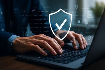 Obraz premium Cybersecurity Professional Typing with Virtual Shield and Data Protection Overlay