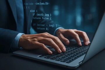 Software Developer Typing Code with Futuristic Digital Overlay