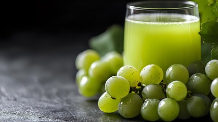Fresh green grape juice in glass with ripe whole grapes on dark stone background, healthy natural beverage, selective focus, copy space for text.