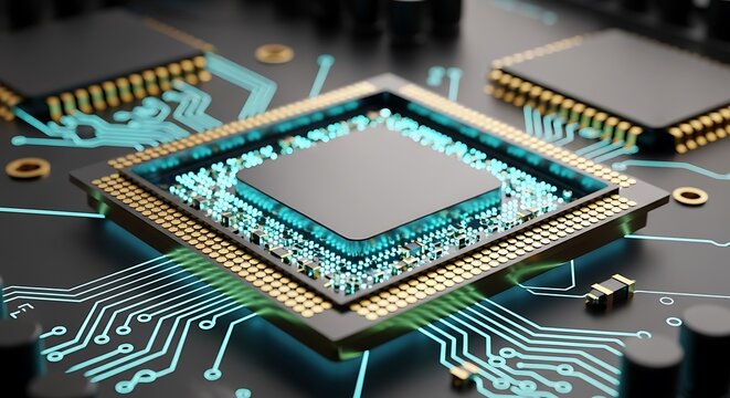 Closeup of a central processing unit cpu microchip on a circuit board with glowing blue connections, symbolizing advanced technology and computing power
