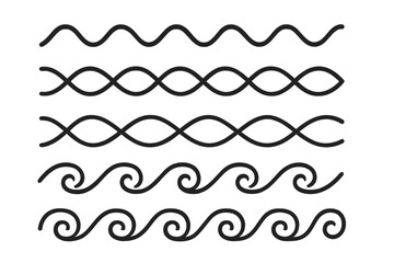 Set of wave symbols. Linear graphic elements. Wavy line, sea swirl, Greek ornament, and ocean scroll icons. Vector illustration for border or divider design element.