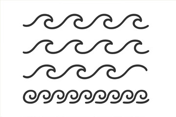 Set of wave symbols in a simple linear style. Vector collection of ocean, sea, and water icons. Swirl line art for dividers, borders, or seamless patterns. Flowing liquid concept.
