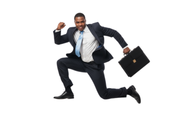 Dynamic Businessman Running With Briefcase Isolated On Transparent Background For Success And Achievement