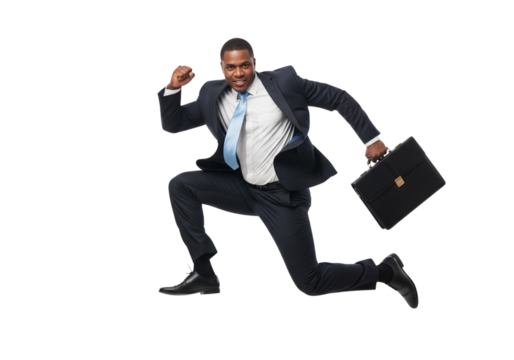 Dynamic Businessman Running With Briefcase Isolated On Transparent Background For Success And Achievement