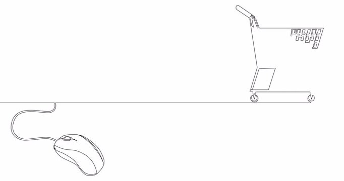 Self drawing line animation mouse connected to a shopping cart trolley online internet shopping continuous one single line drawn concept video