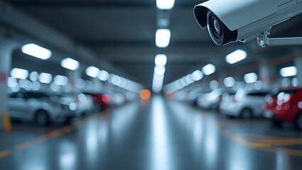 A security camera overseeing an underground parking garage, emphasizing safety and surveillance