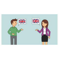 People communicating in English language with speech bubbles.
