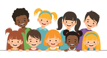 Diverse group of happy children smiling together.