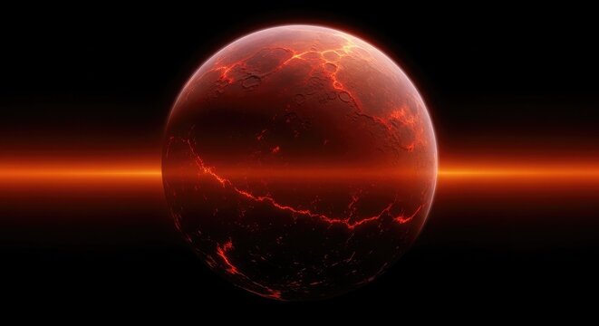 Hyperrealistic molten planet with glowing lava, cracked surface, deep fissures, intense heat, orbiting in darkness.
