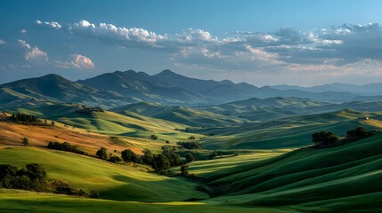 Fototapeta premium Stunning, panoramic photograph of the rolling green hills of Tuscany in late spring, bathed in warm afternoon sunlight that creates soft shadows, under a vast blue sky with wispy clouds.