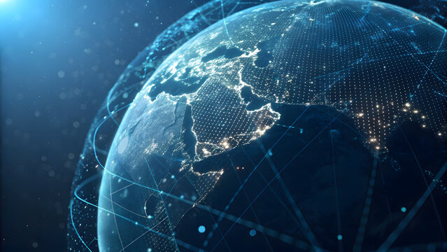 Tech sphere world map of glowing pixels and nodes