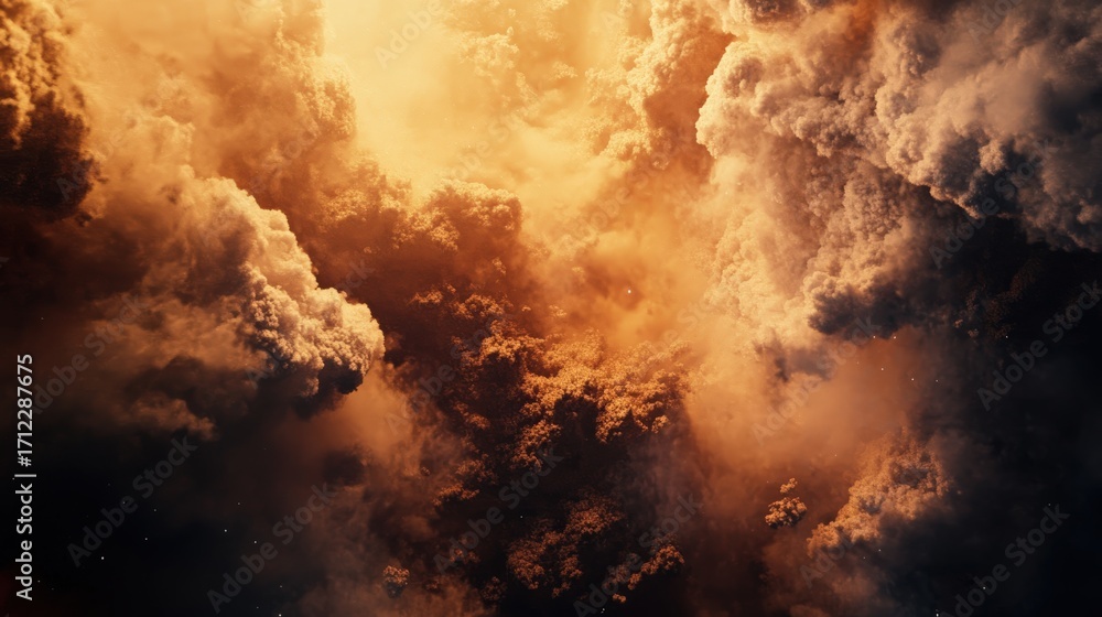 Poster a dramatic scene of swirling clouds illuminated by warm hues, creating a captivating and ethereal at