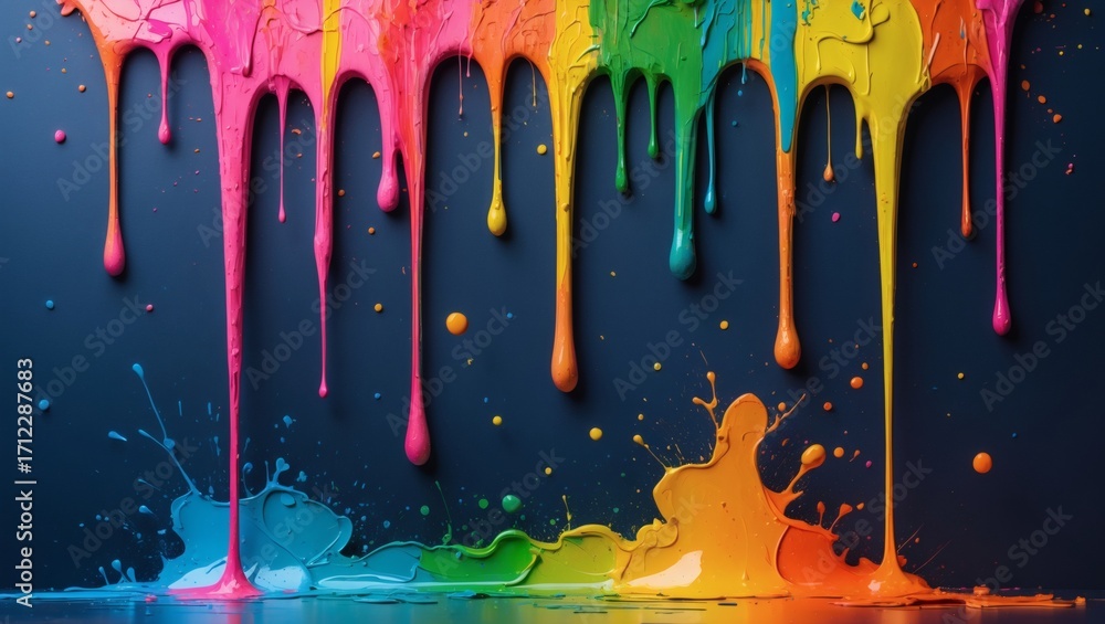 Poster vibrant colorful paint drips cascade down a dark surface creating an abstract art scene. a palette o
