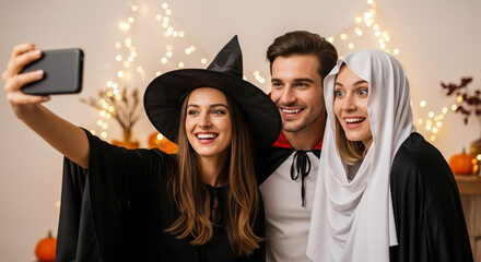 Halloween selfie shows three friends dressed up for Halloween celebration, smiling. Halloween selfie includes witch costume, ghost, and vampire cape, all posing happily near pumpkins and fairy lights.