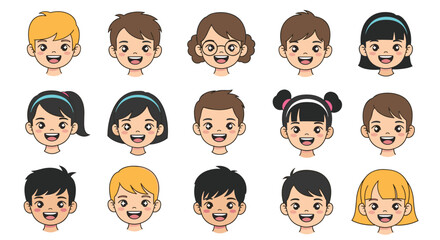 Collection of diverse cartoon children's faces showcasing various hairstyles and expressions.