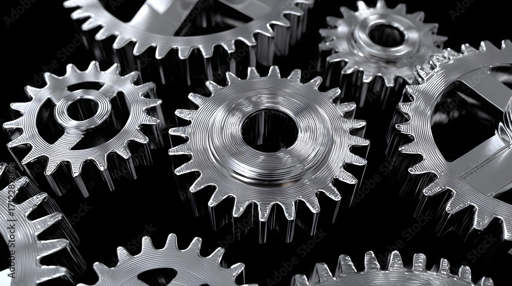 Poster a close-up view of an arrangement of shiny, metallic gears and cogs that are part of a complex, inte
