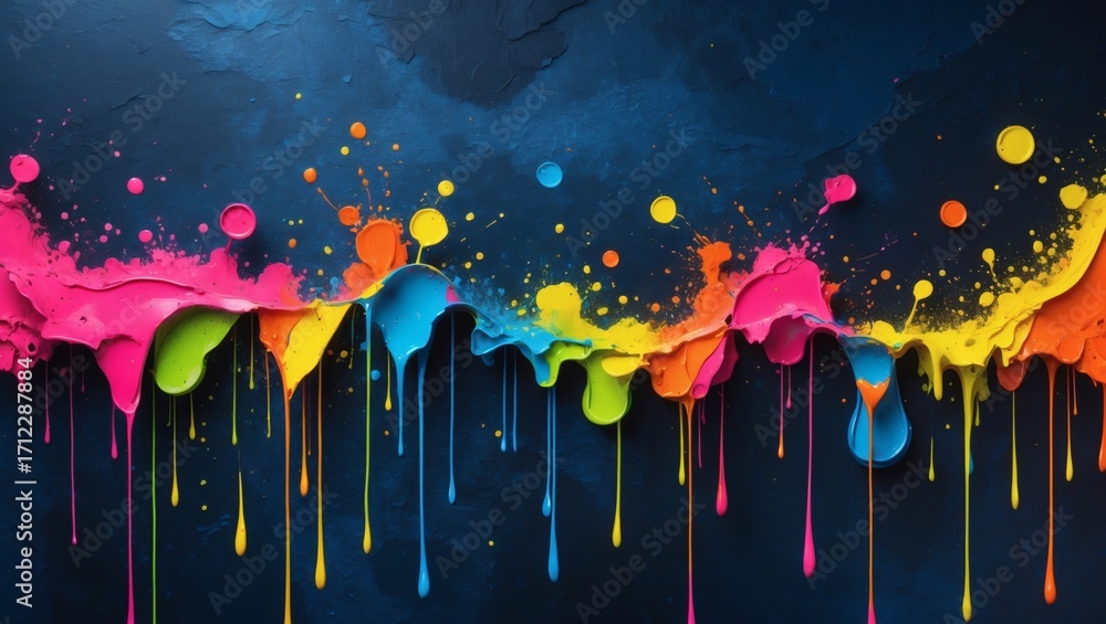 Poster a vibrant artistic paint splash across a dark surface, full of vivid colors, creating a stunning vis